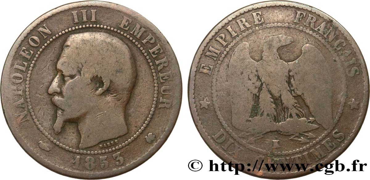 Dix centimes Napoléon III, tête nue 1853 Bordeaux F.133/7 G6 