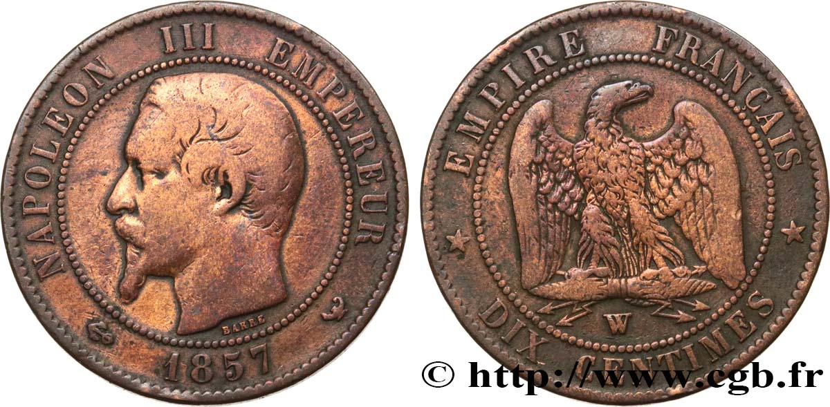 Dix centimes Napoléon III, tête nue 1857 Lille F.133/46 B+ 
