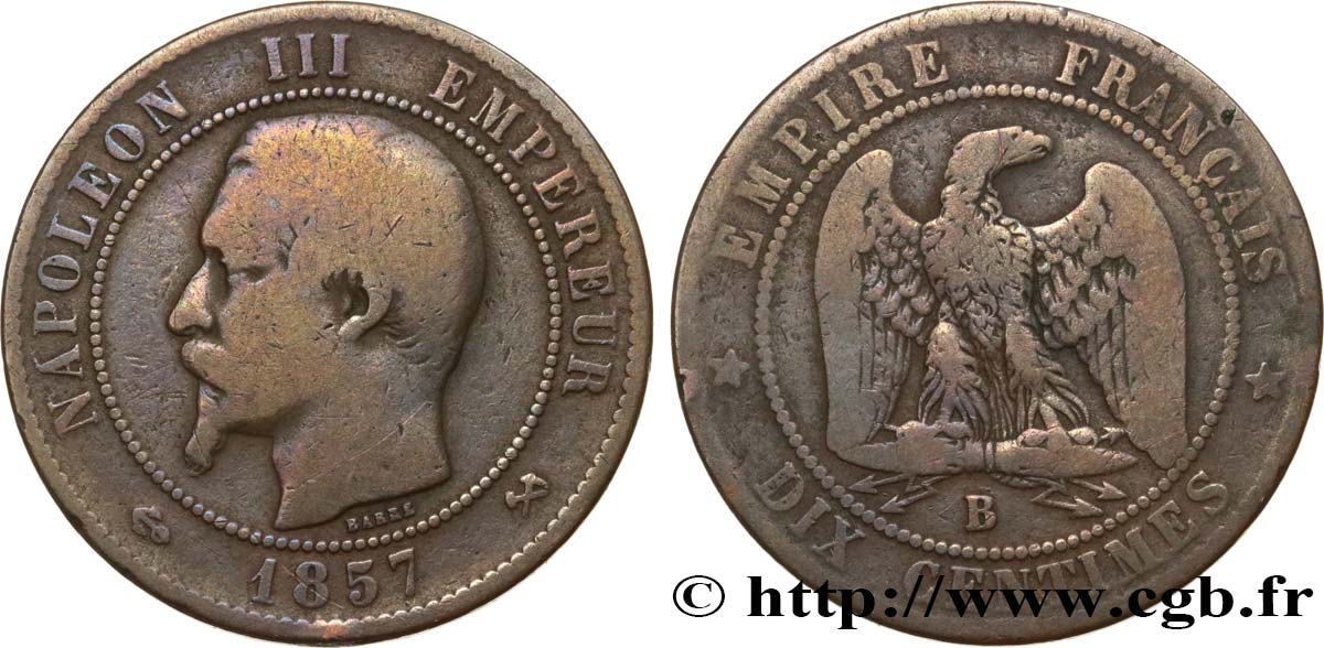 Dix centimes Napoléon III, tête nue 1857 Rouen F.133/42 B12 