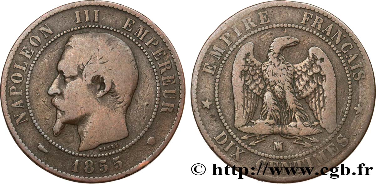 Dix centimes Napoléon III, tête nue, différent levrette 1855 Marseille F.133/30 fS 