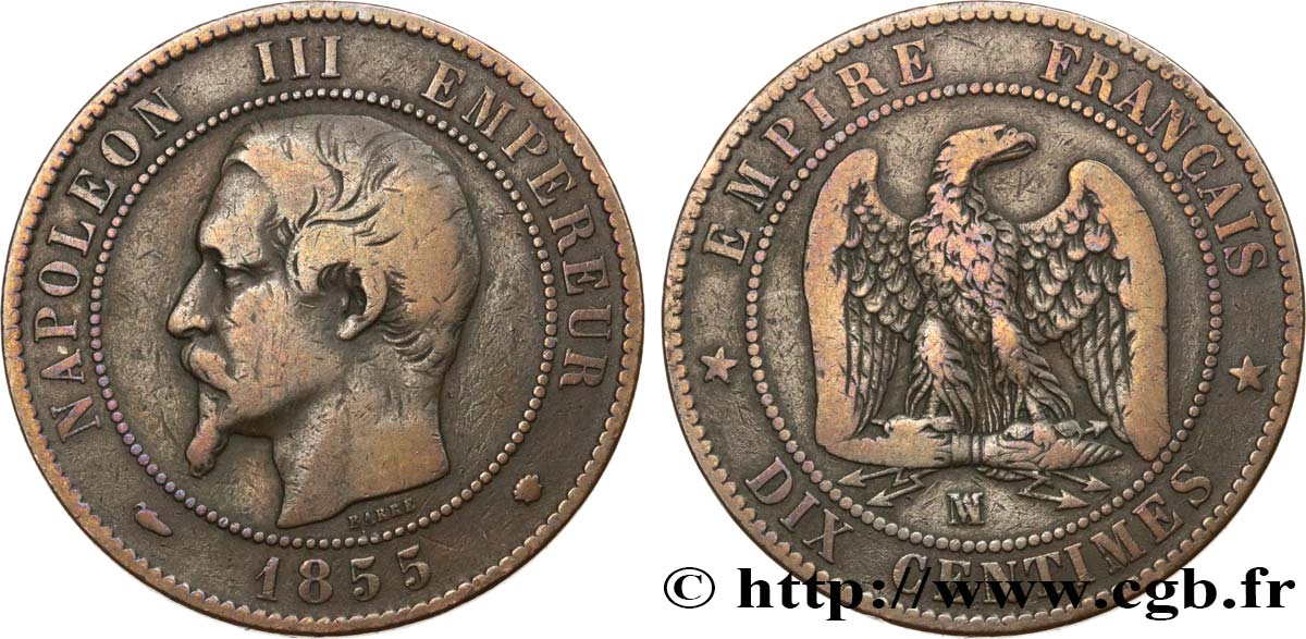 Dix centimes Napoléon III, tête nue, différent levrette 1855 Marseille F.133/30 BC15 