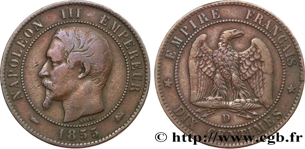 Dix centimes Napoléon III, tête nue 1855 Lyon F.133/25 VF20 