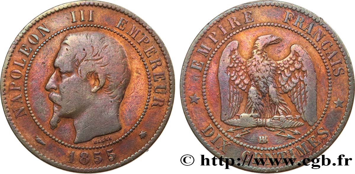 Dix centimes Napoléon III, tête nue 1855 Strasbourg F.133/23 TB15 
