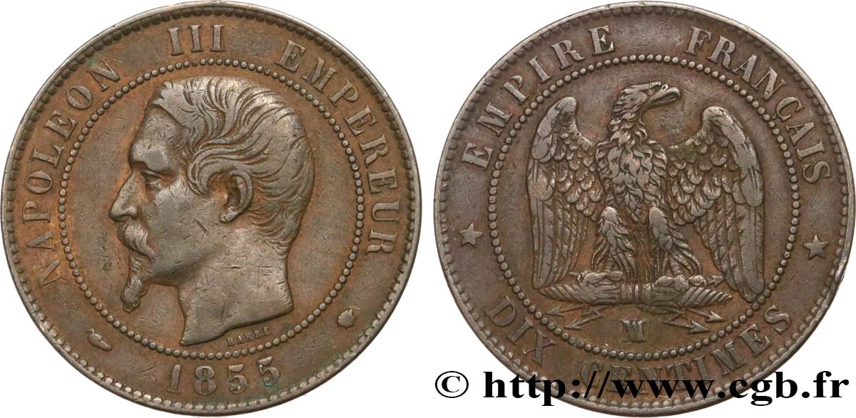 Dix centimes Napoléon III, tête nue, différent levrette 1855 Marseille F.133/30 MBC40 