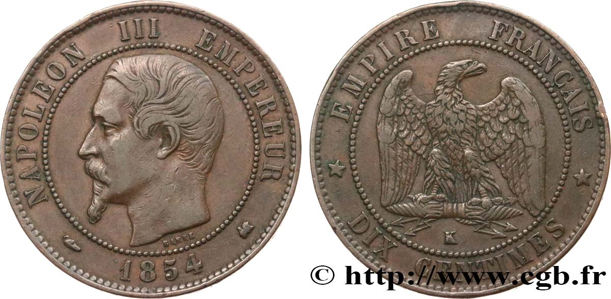 Dix centimes Napoléon III, tête nue 1854 Bordeaux F.133/16 TTB40 