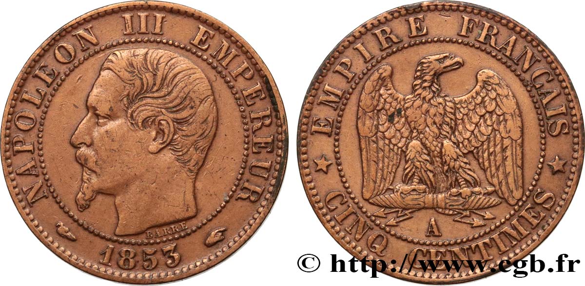 Cinq centimes Napoléon III, tête nue 1853 Paris F.116/1 BB 