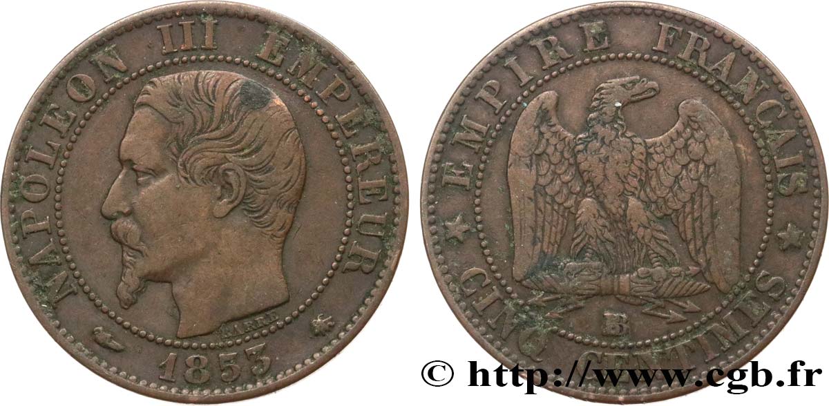 Cinq centimes Napoléon III, tête nue 1853 Strasbourg F.116/3 VF35 