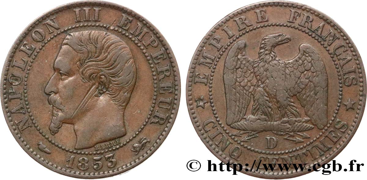 Cinq centimes Napoléon III, tête nue 1853 Lyon F.116/4 VF 
