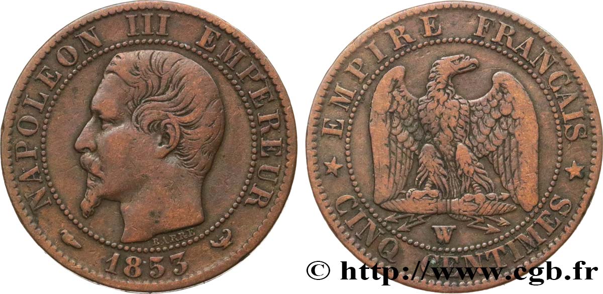 Cinq centimes Napoléon III, tête nue 1853 Lille F.116/7 VF25 