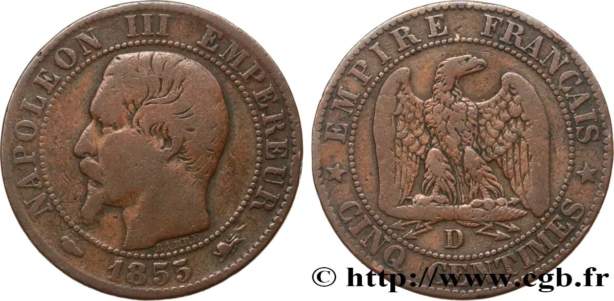 Cinq centimes Napoléon III, tête nue 1855 Lyon F.116/22 BC20 