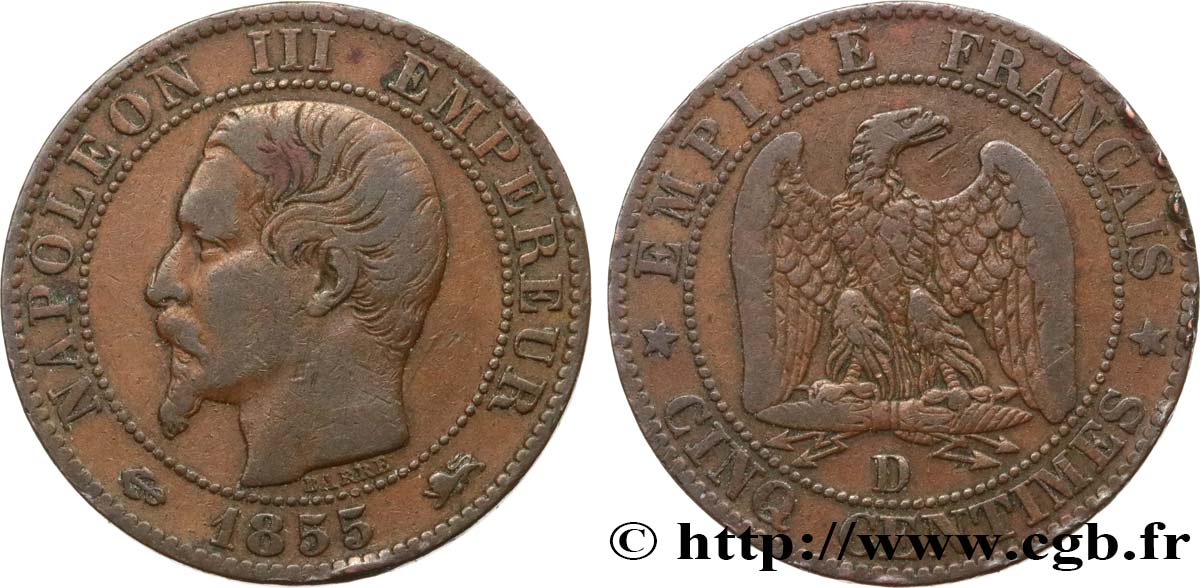 Cinq centimes Napoléon III, tête nue 1855 Lyon F.116/23 S25 