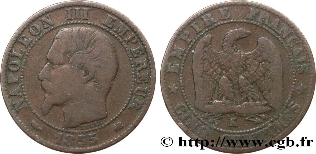 Cinq centimes Napoléon III, tête nue 1855 Bordeaux F.116/24 BC20 