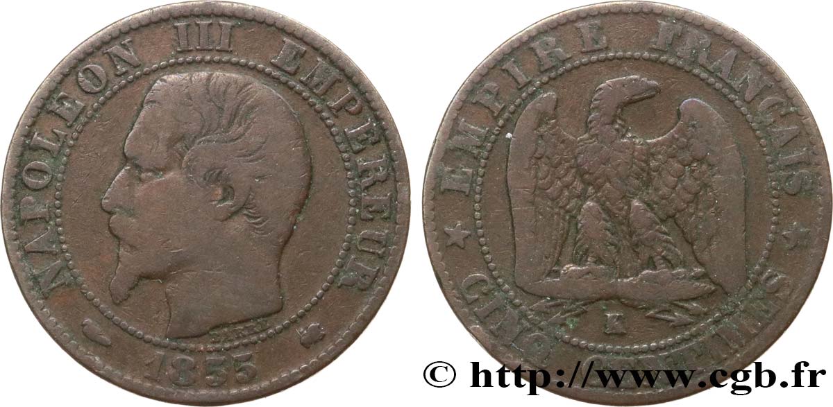 Cinq centimes Napoléon III, tête nue 1855 Bordeaux F.116/24 TB20 