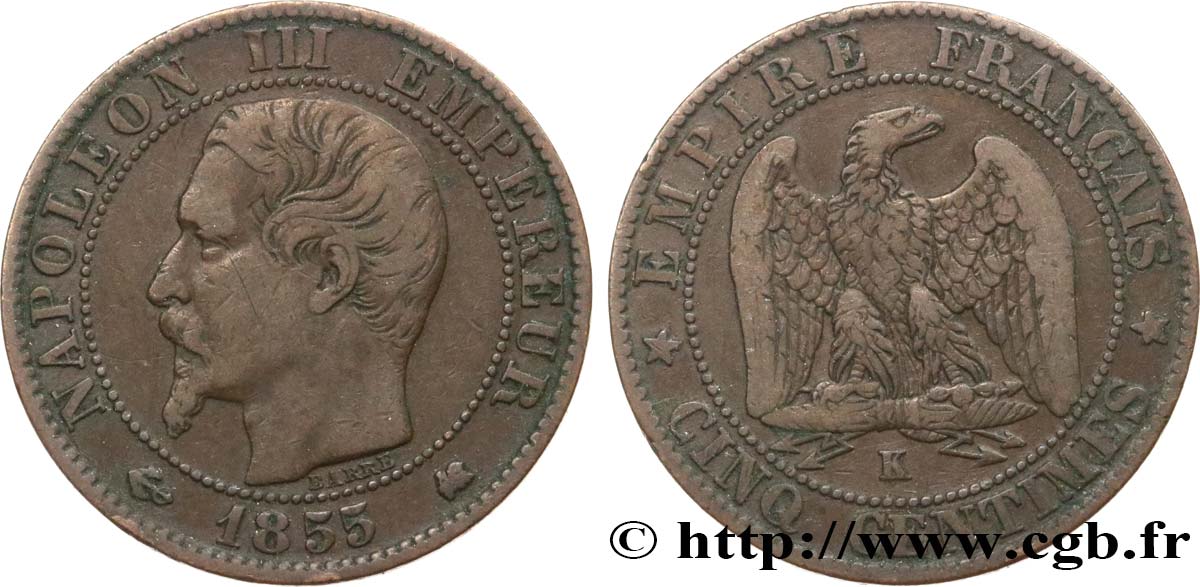 Cinq centimes Napoléon III, tête nue 1855 Bordeaux F.116/25 S25 
