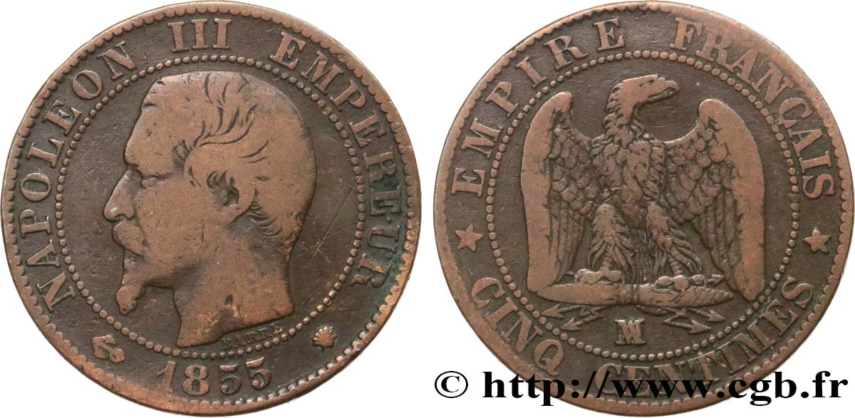 Cinq centimes Napoléon III, tête nue 1855 Marseille F.116/27 BC15 