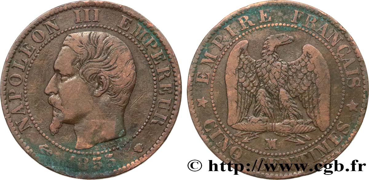 Cinq centimes Napoléon III, tête nue 1855 Marseille F.116/27 VF 