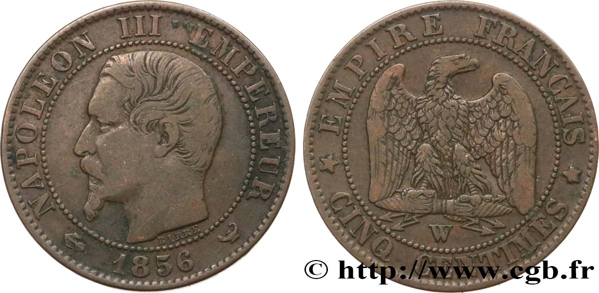 Cinq centimes Napoléon III, tête nue 1856 Lille F.116/36 TB35 