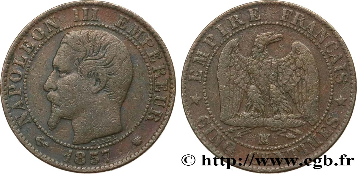 Cinq centimes Napoléon III, tête nue 1857 Marseille F.116/42 VF 