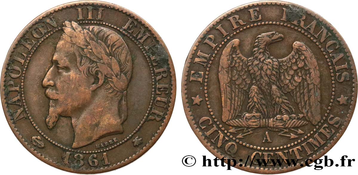 Cinq centimes Napoléon III, tête laurée 1861 Paris F.117/4 S35 