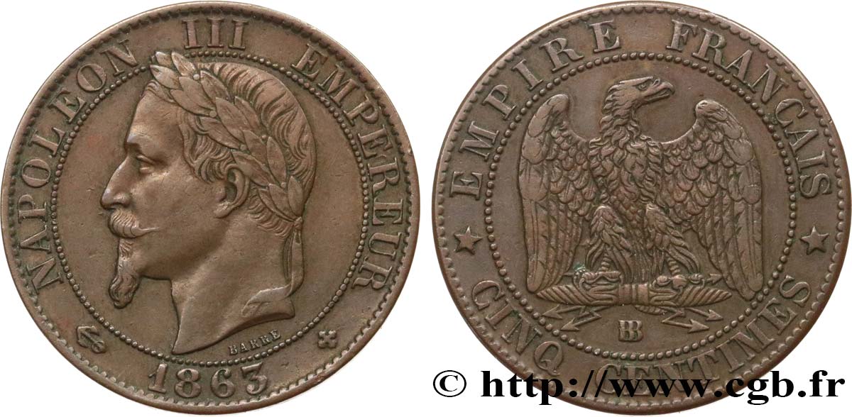Cinq centimes Napoléon III, tête laurée 1863 Strasbourg F.117/11 MBC50 