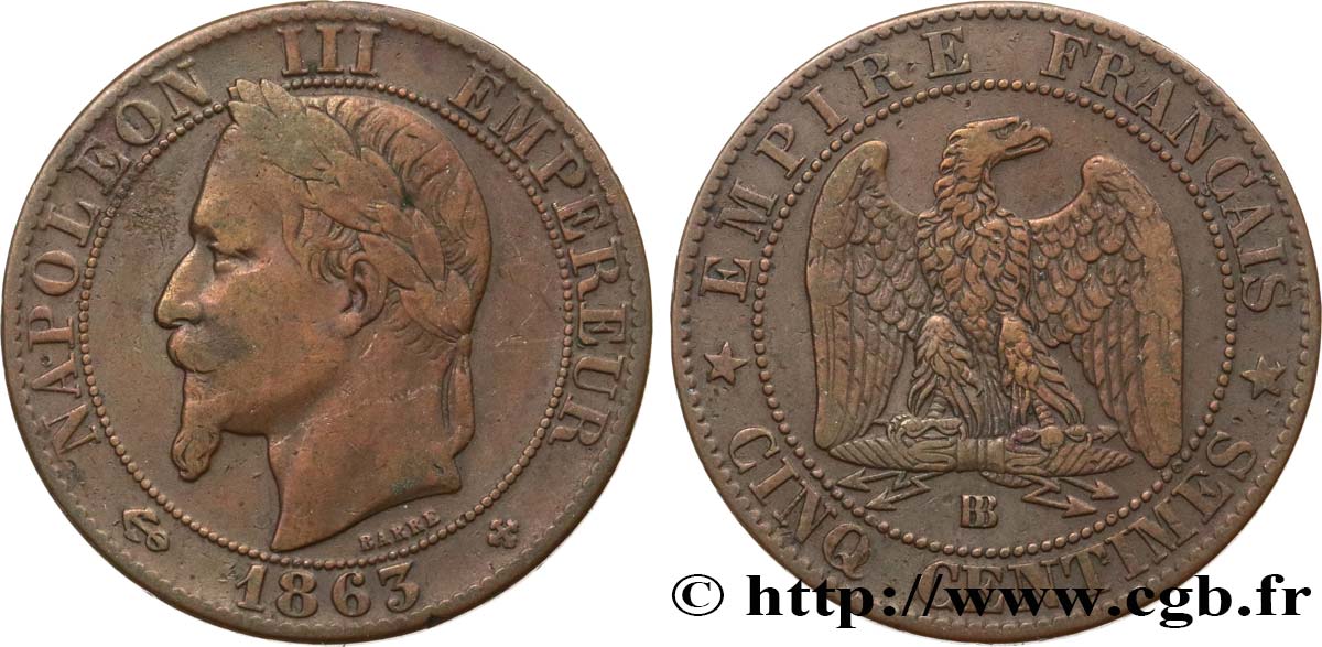 Cinq centimes Napoléon III, tête laurée 1863 Strasbourg F.117/11 VF30 