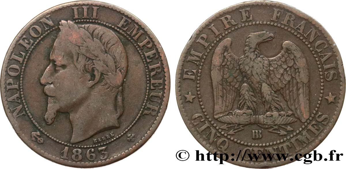 Cinq centimes Napoléon III, tête laurée 1863 Strasbourg F.117/11 TB25 