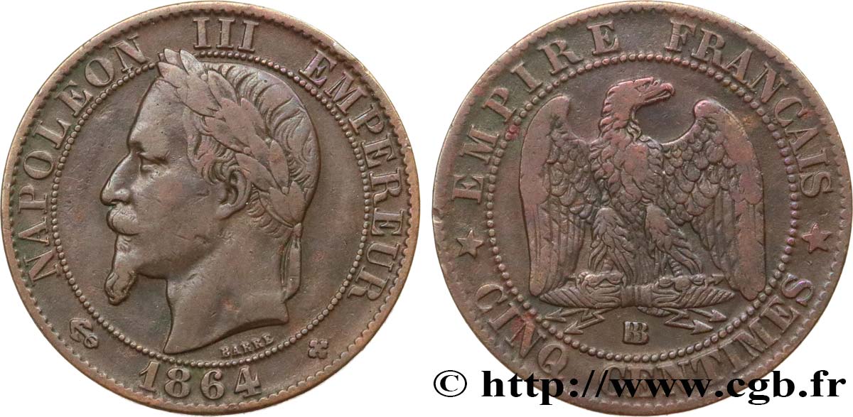Cinq centimes Napoléon III, tête laurée 1864 Strasbourg F.117/14 S30 
