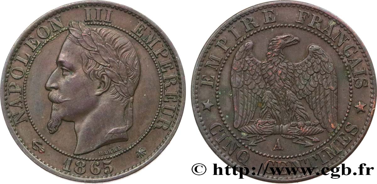 Cinq centimes Napoléon III, tête laurée 1865 Paris F.117/16 SS53 