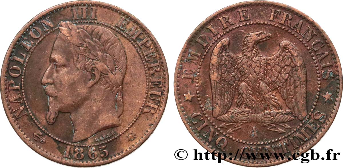 Cinq centimes Napoléon III, tête laurée 1865 Paris F.117/16 BC+ 