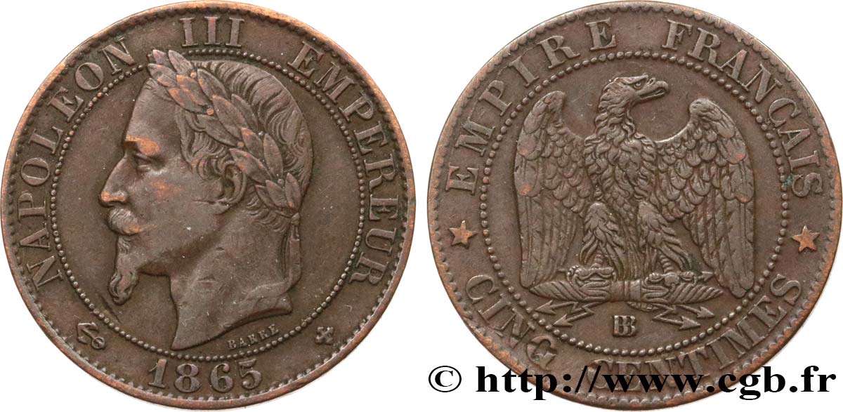 Cinq centimes Napoléon III, tête laurée 1865 Strasbourg F.117/17 MBC40 