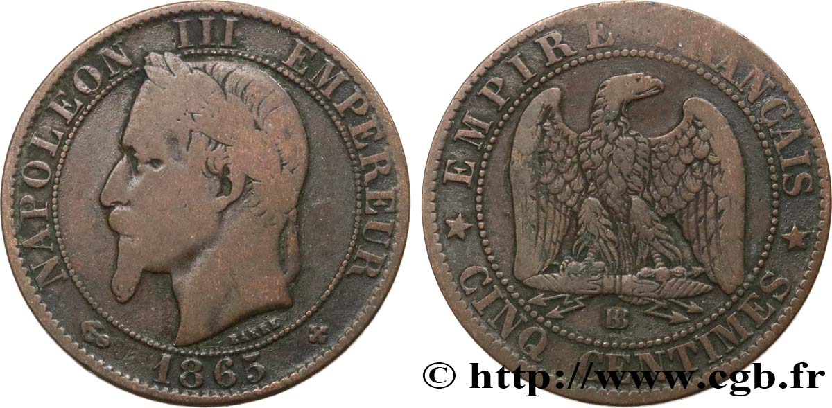Cinq centimes Napoléon III, tête laurée 1865 Strasbourg F.117/17 B12 