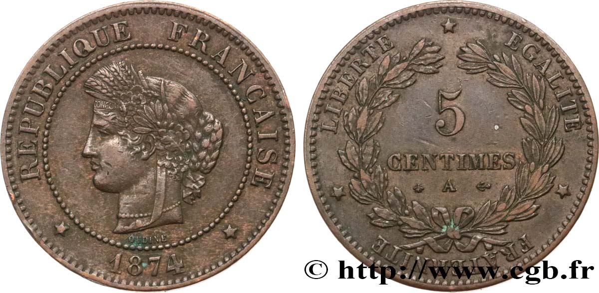 5 centimes Cérès 1874 Paris F.118/9 AU50 