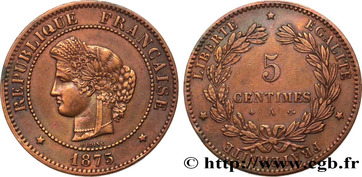 5 centimes Cérès 1875 Paris F.118/11 XF 