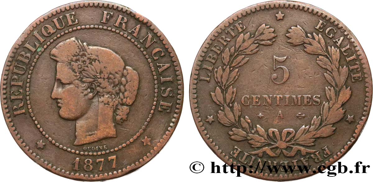 5 centimes Cérès 1877 Paris F.118/15 VF20 