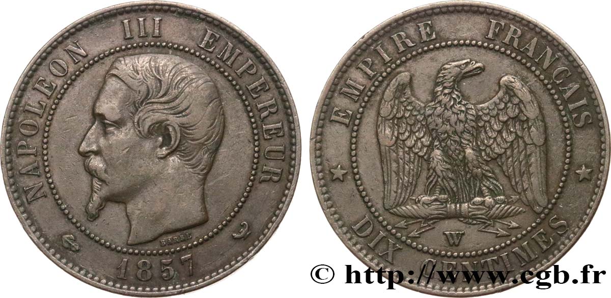Dix centimes Napoléon III, tête nue 1857 Lille F.133/46 SS40 