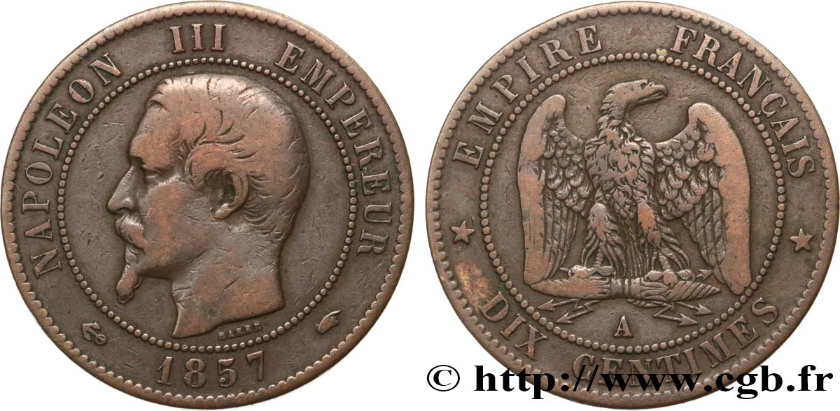 Dix centimes Napoléon III, tête nue 1857 Paris F.133/41 BC20 