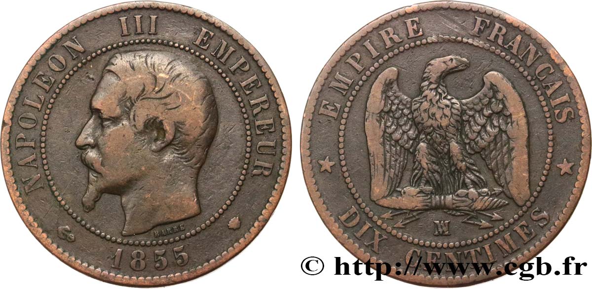 Dix centimes Napoléon III, tête nue 1855 Marseille F.133/31 TB20 