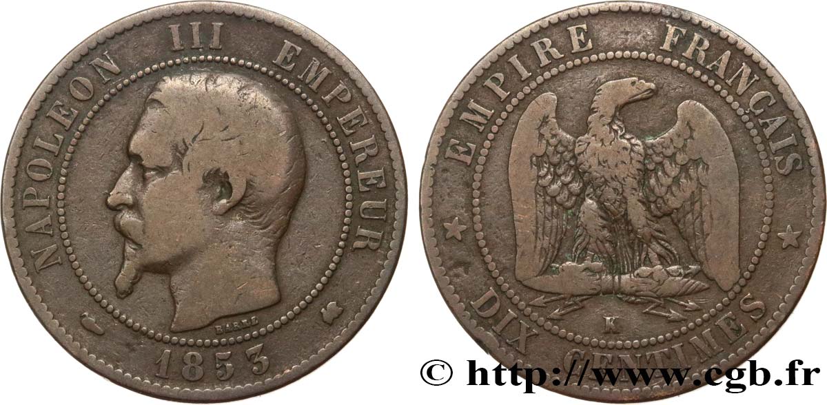 Dix centimes Napoléon III, tête nue 1853 Bordeaux F.133/7 B12 
