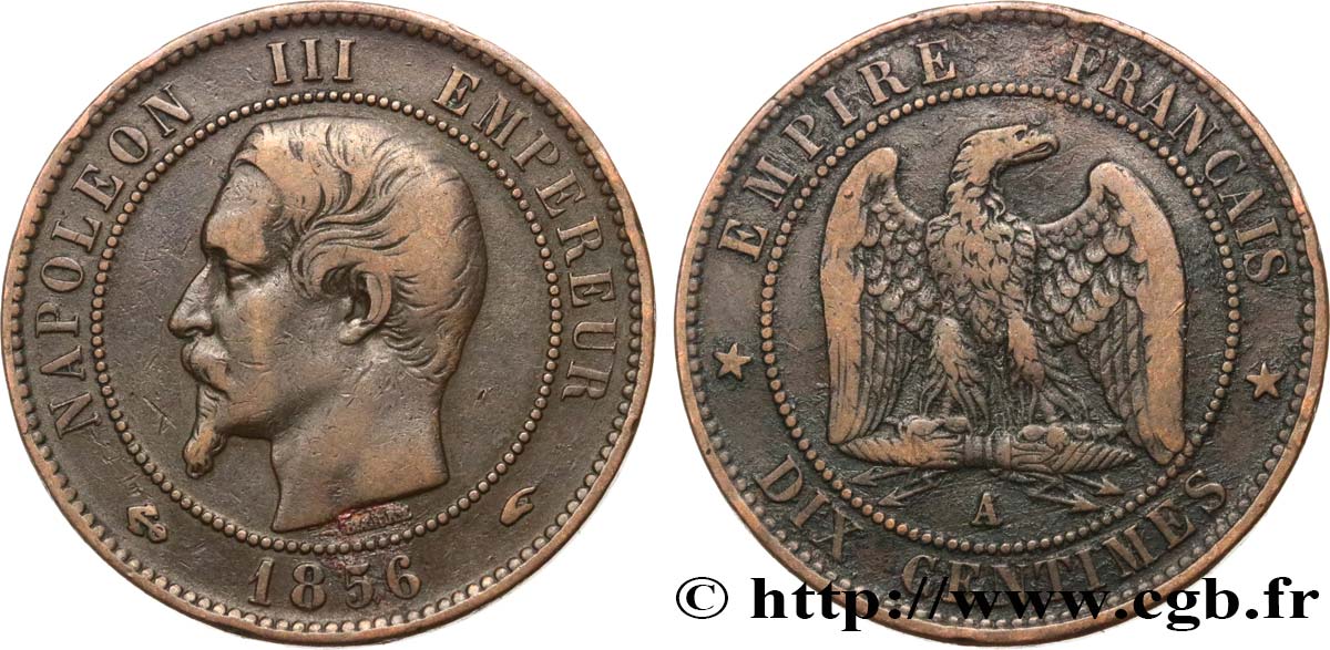 Dix centimes Napoléon III, tête nue 1856 Paris F.133/34 BC30 