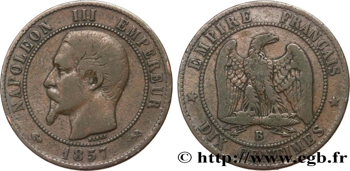 Dix centimes Napoléon III, tête nue 1857 Rouen F.133/42 BC15 