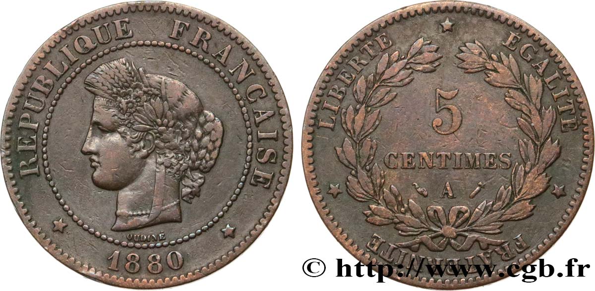5 centimes Cérès 1880 Paris F.118/21 VF35 