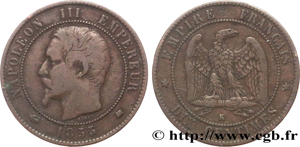 Dix centimes Napoléon III, tête nue 1855 Bordeaux F.133/29 S25 