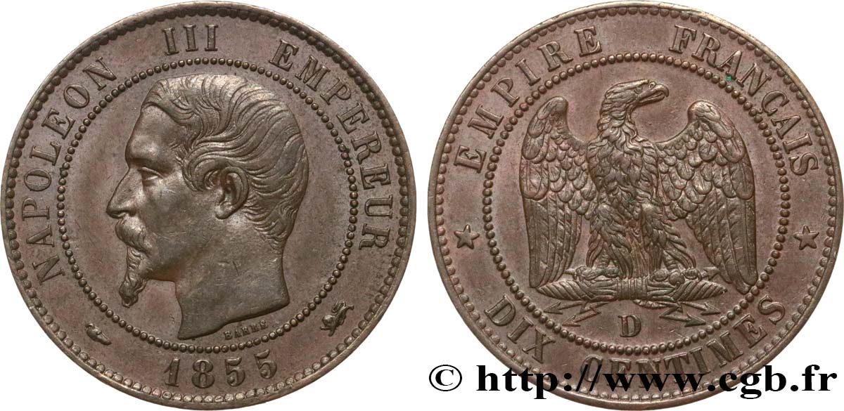 Dix centimes Napoléon III, tête nue 1855 Lyon F.133/25 TTB50 