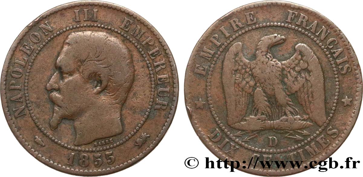 Dix centimes Napoléon III, tête nue 1855 Lyon F.133/25 B12 