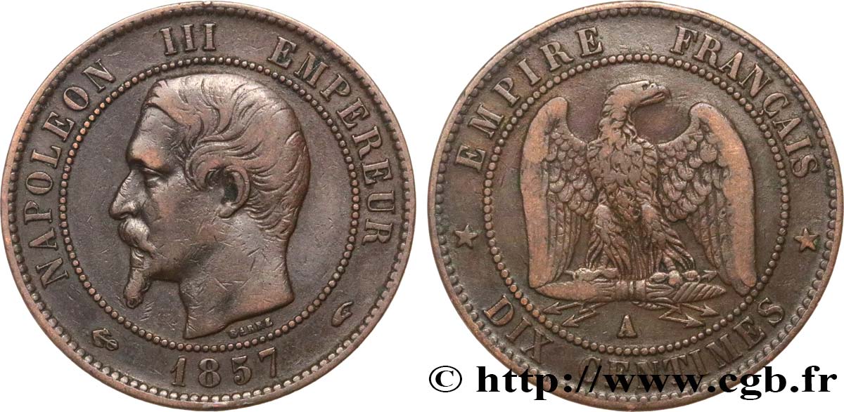 Dix centimes Napoléon III, tête nue 1857 Paris F.133/41 MB35 