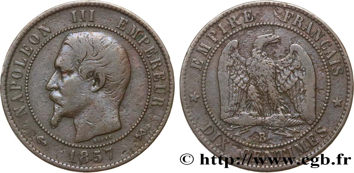 Dix centimes Napoléon III, tête nue 1857 Rouen F.133/42 BC 