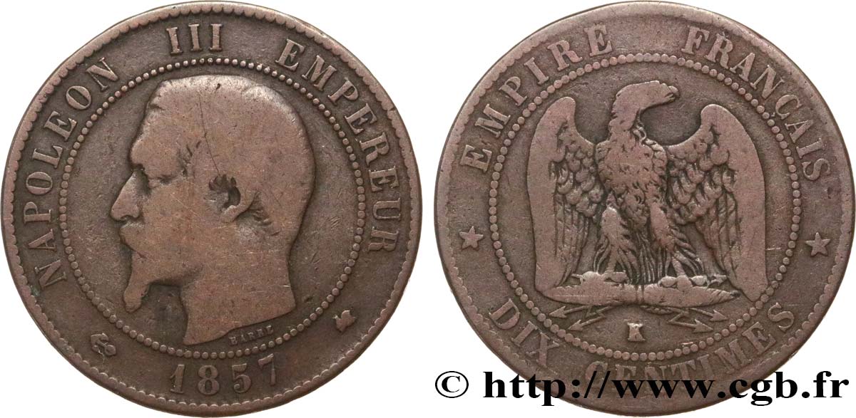 Dix centimes Napoléon III, tête nue 1857 Bordeaux F.133/44 F12 