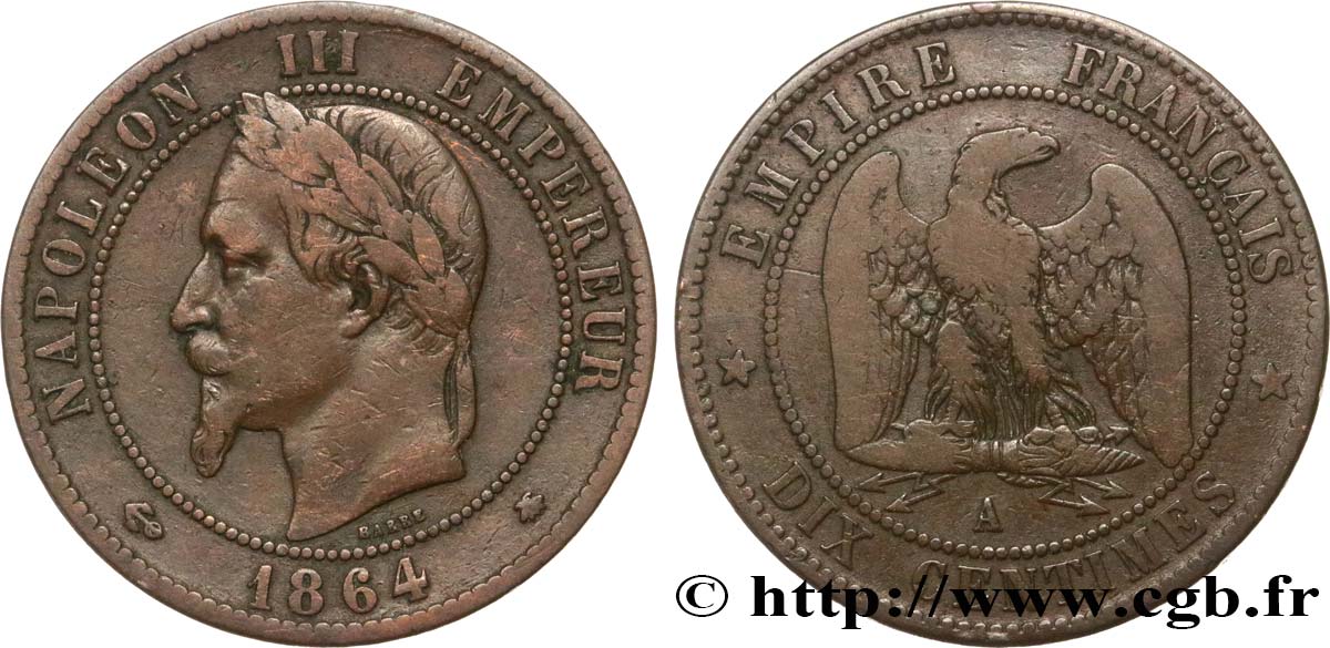 Dix centimes Napoléon III, tête laurée 1864 Paris F.134/13 MB20 