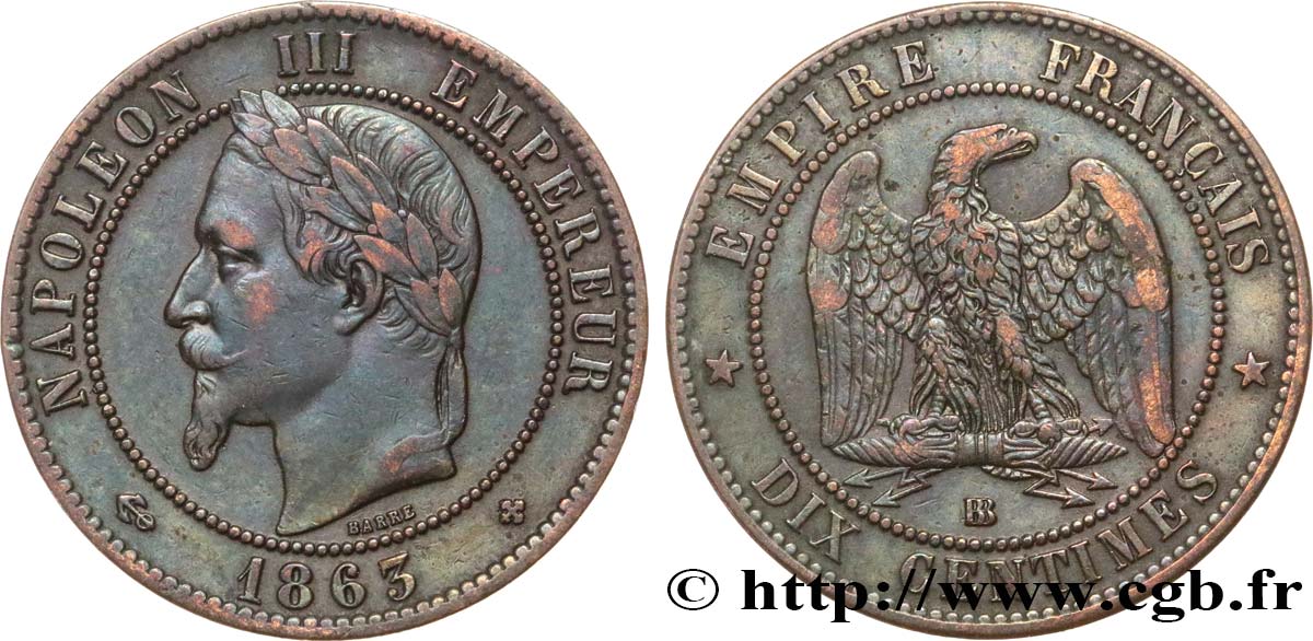 Dix centimes Napoléon III, tête laurée 1863 Strasbourg F.134/11 SS45 
