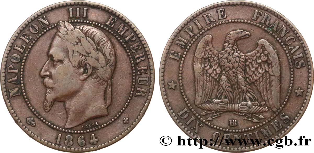 Dix centimes Napoléon III, tête laurée 1864 Strasbourg F.134/14 VF35 